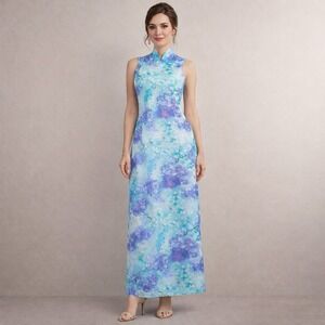 Vintage LIBERTY HOUSE Hawaii Size 10 Japanese Cherry Blossom Satin Maxi Dress